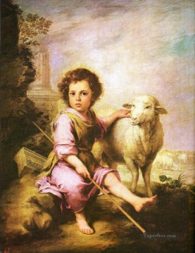 動物 Painting - 羊飼いの少年と子羊のペットの子供たち